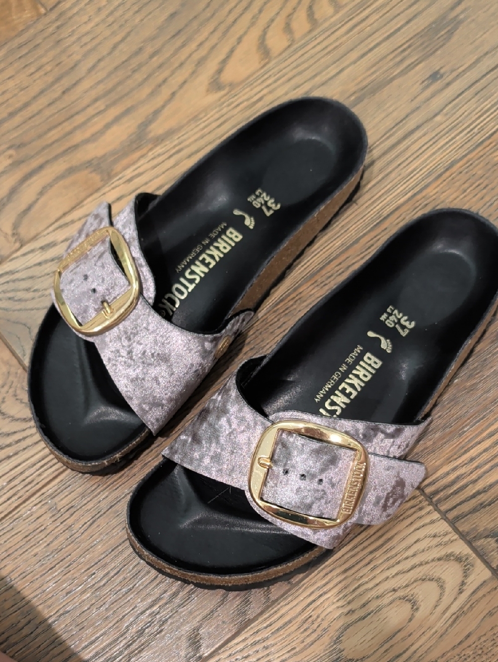 Birkenstock Velvet Single Strap Slides with Gold Buckles